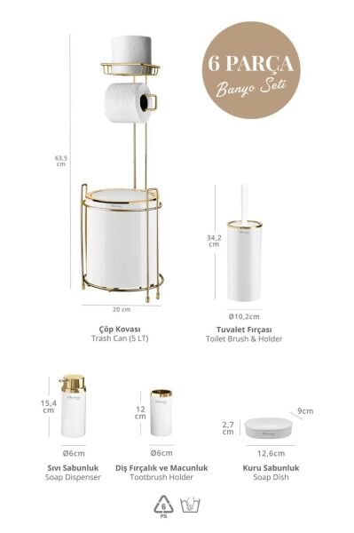 Okyanus Home Yuvarlak Gold Yedekli Wc Kağıtlık ve 6 Parça Banyo Seti - Kırık Beyaz