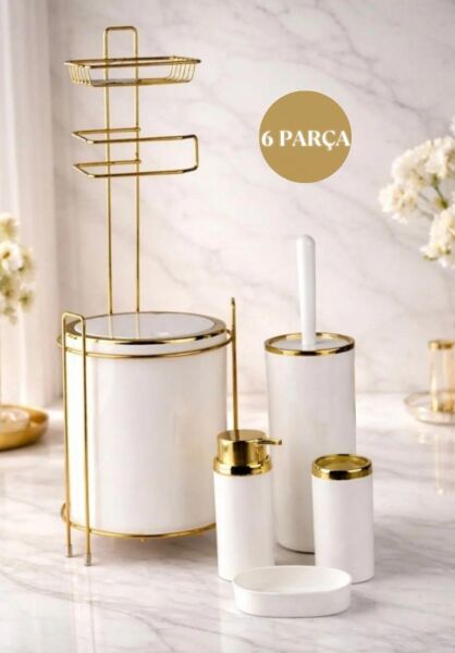 Okyanus Home Yuvarlak Gold Yedekli Wc Kağıtlık ve 6 Parça Banyo Seti - Kırık Beyaz