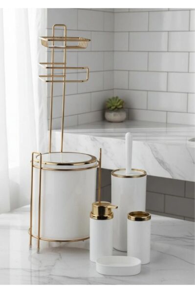 Okyanus Home Yuvarlak Gold Yedekli Wc Kağıtlık ve 6 Parça Banyo Seti - Kırık Beyaz