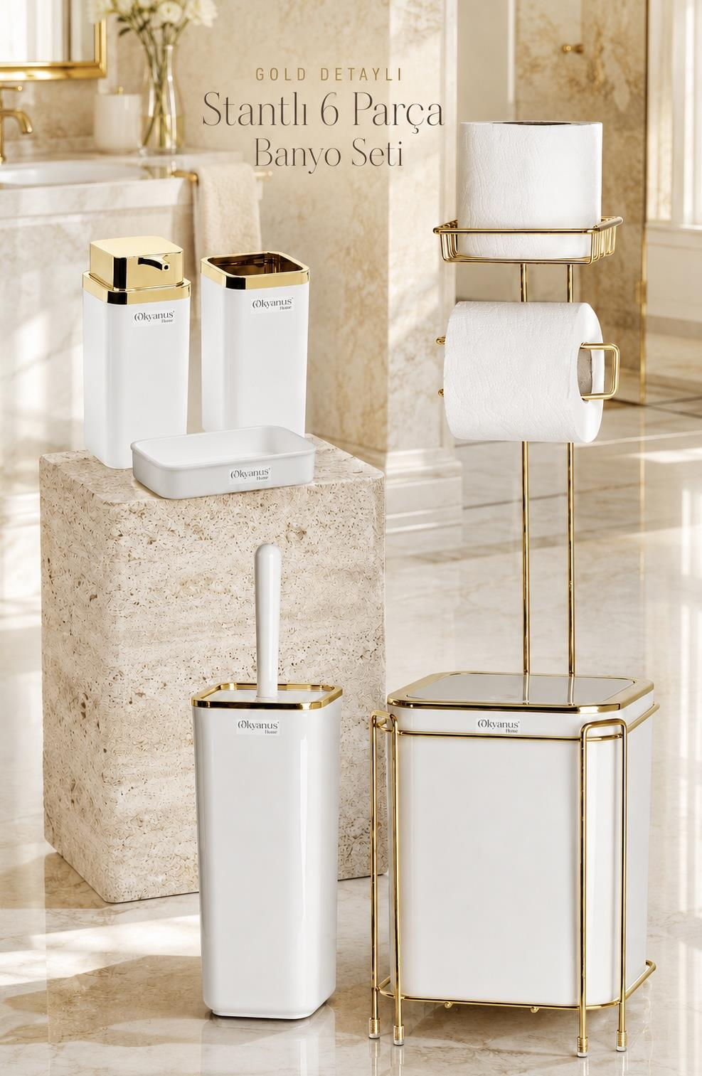 Okyanus Home  Beyaz Kare Gold Yedekli Wc Kağıtlık ve 6 Parça Banyo Seti