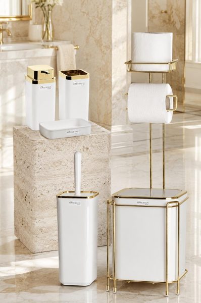 Okyanus Home  Beyaz Kare Gold Yedekli Wc Kağıtlık ve 6 Parça Banyo Seti
