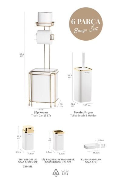 Okyanus Home  Beyaz Kare Gold Yedekli Wc Kağıtlık ve 6 Parça Banyo Seti
