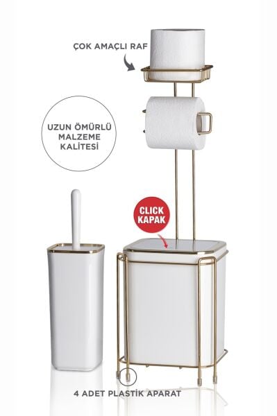 Okyanus Home  Beyaz Kare Gold Yedekli Wc Kağıtlık ve 6 Parça Banyo Seti