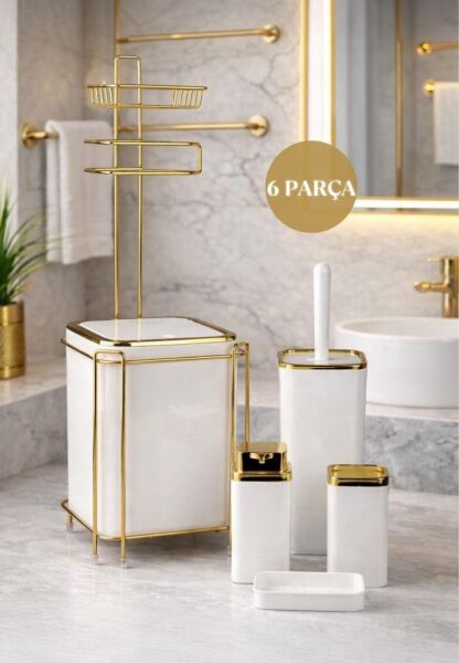 Okyanus Home  Beyaz Kare Gold Yedekli Wc Kağıtlık ve 6 Parça Banyo Seti