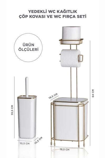 Okyanus Home  Beyaz Kare Gold Yedekli Wc Kağıtlık ve 6 Parça Banyo Seti