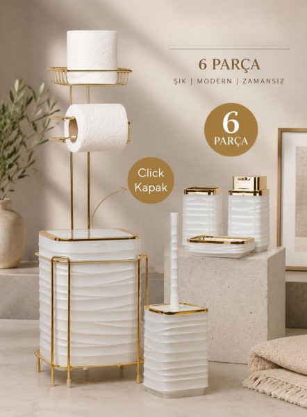 Okyanus Home  LUNA Gold Yedekli Wc Kağıtlık ve 6 Parça Beyaz  Banyo Seti