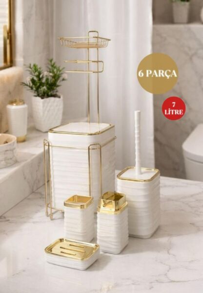 Okyanus Home  LUNA Gold Yedekli Wc Kağıtlık ve 6 Parça Beyaz  Banyo Seti