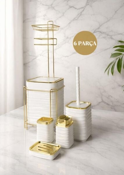 Okyanus Home  LUNA Gold Yedekli Wc Kağıtlık ve 6 Parça Beyaz  Banyo Seti