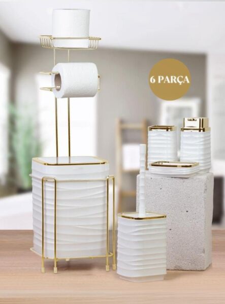 Okyanus Home  LUNA Gold Yedekli Wc Kağıtlık ve 6 Parça Beyaz  Banyo Seti