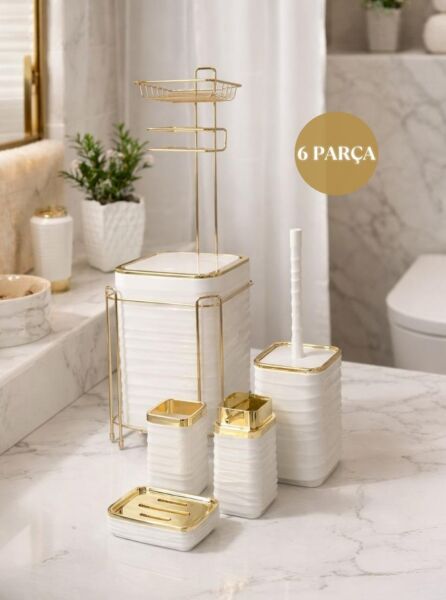 Okyanus Home  LUNA Gold Yedekli Wc Kağıtlık ve 6 Parça Beyaz  Banyo Seti