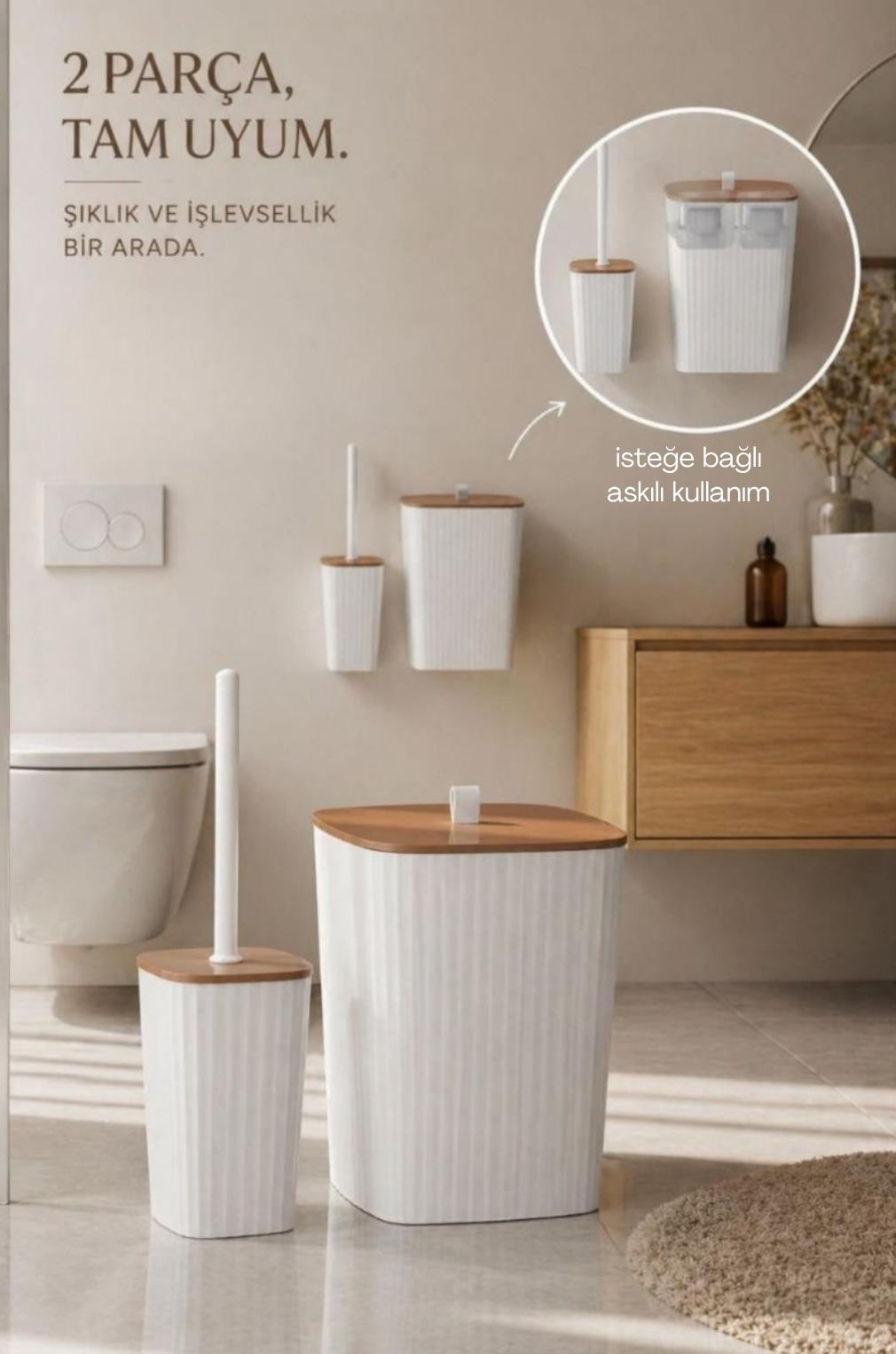 Okyanus Home Safir Yapışkanlı Wc Fırçalık ve Çöp Kovası Seti Beyaz Due 2'li Banyo Seti