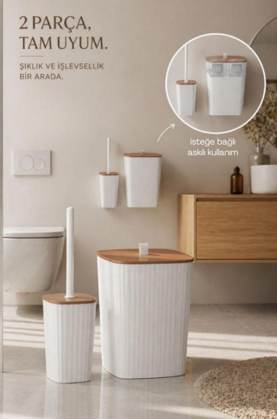 Okyanus Home Safir Yapışkanlı Wc Fırçalık ve Çöp Kovası Seti Beyaz Due 2'li Banyo Seti