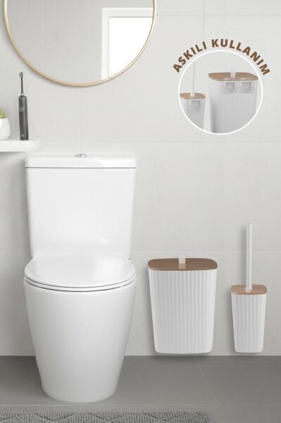 Okyanus Home Safir Yapışkanlı Wc Fırçalık ve Çöp Kovası Seti Beyaz Due 2'li Banyo Seti