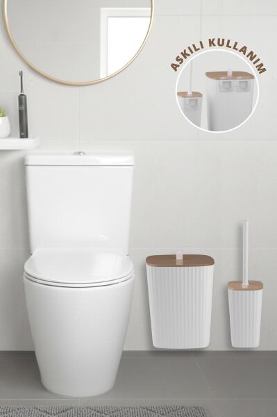Okyanus Home Safir Yapışkanlı Wc Fırçalık ve Çöp Kovası Seti Beyaz Due 2'li Banyo Seti