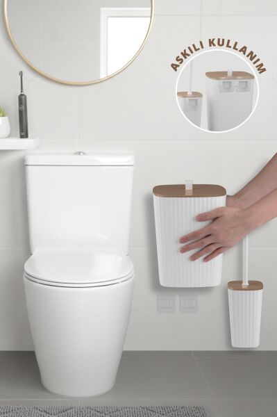 Okyanus Home Safir Yapışkanlı Wc Fırçalık ve Çöp Kovası Seti Beyaz Due 2'li Banyo Seti