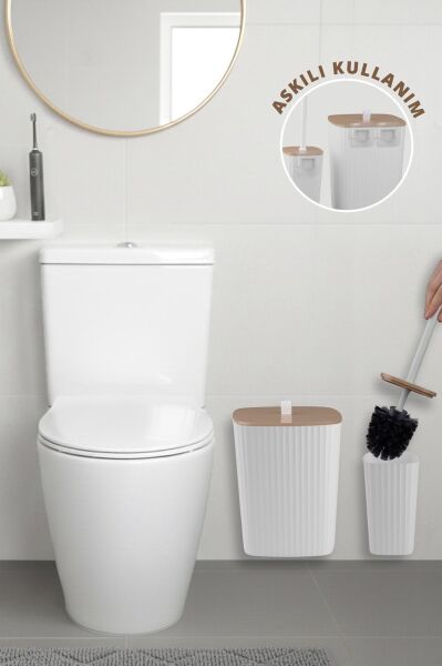 Okyanus Home Safir Yapışkanlı Wc Fırçalık ve Çöp Kovası Seti Beyaz Due 2'li Banyo Seti