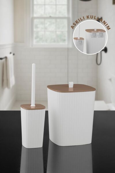 Okyanus Home Safir Yapışkanlı Wc Fırçalık ve Çöp Kovası Seti Beyaz Due 2'li Banyo Seti