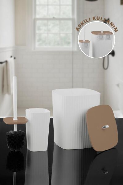 Okyanus Home Safir Yapışkanlı Wc Fırçalık ve Çöp Kovası Seti Beyaz Due 2'li Banyo Seti