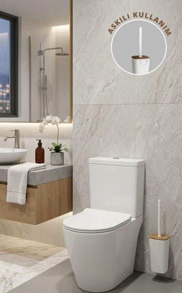 Okyanus Home Safir Ahşap Detaylı Kendinden Yapışkanlı Wc Fırçalık - Beyaz