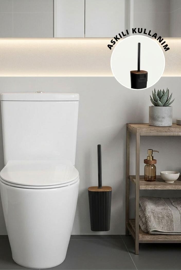 Okyanus Home Safir Ahşap Detaylı Kendinden Yapışkanlı Wc Fırçalık - Siyah