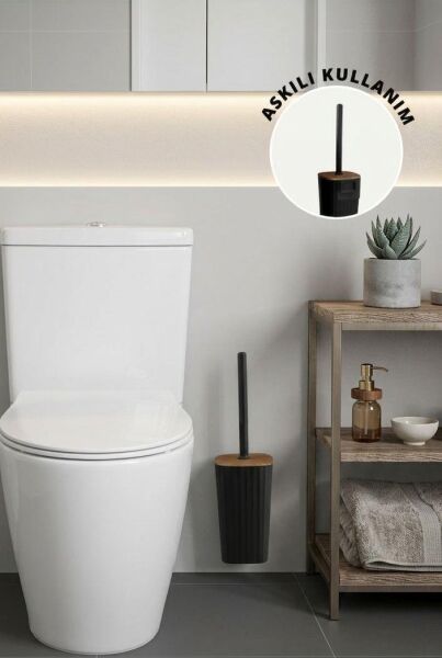 Okyanus Home Safir Ahşap Detaylı Kendinden Yapışkanlı Wc Fırçalık - Siyah