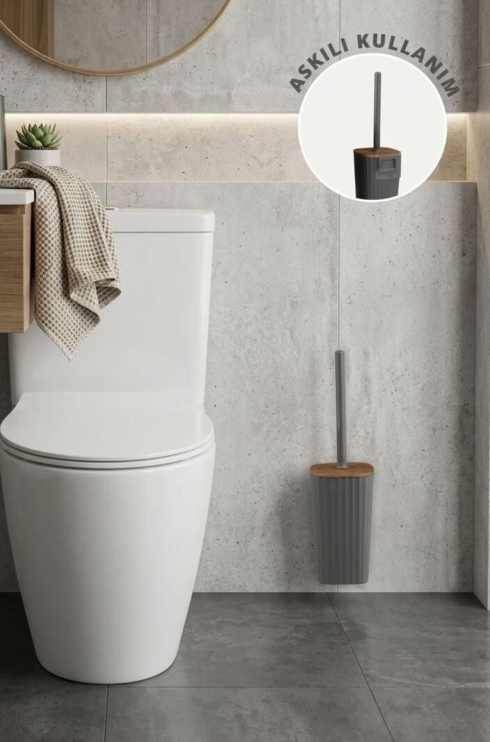Okyanus Home Safir Ahşap Detaylı Kendinden Yapışkanlı Wc Fırçalık - Antrasit