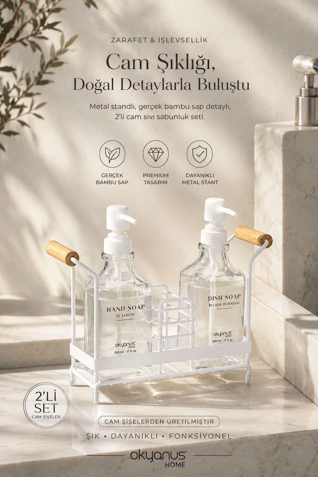 Okyanus Home Bambu Saplı Kare Standlı 2'li Cam Sabunluk Seti - Kırık Beyaz