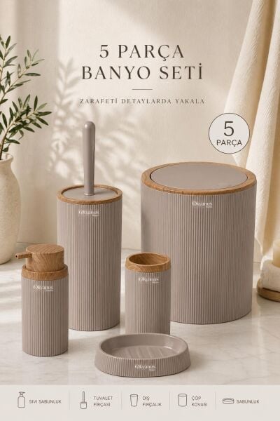 Okyanus Home Stella Vizon Ahşap Desenli Çizgili Yuvarlak 5'li Banyo Seti