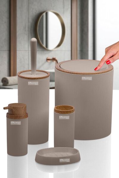 Okyanus Home Stella Vizon Ahşap Desenli Çizgili Yuvarlak 5'li Banyo Seti