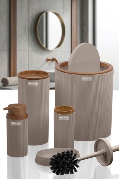 Okyanus Home Stella Vizon Ahşap Desenli Çizgili Yuvarlak 5'li Banyo Seti