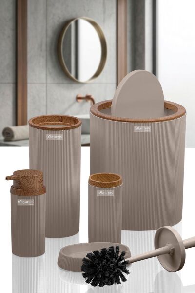 Okyanus Home Stella Vizon Ahşap Desenli Çizgili Yuvarlak 5'li Banyo Seti