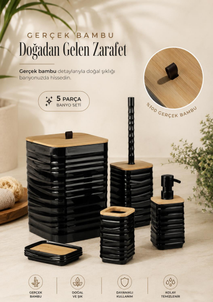 Okyanus Home Luna Siyah Bambu Detaylı 7LT 5'li Banyo Seti