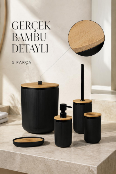 Okyanus Home Linea Bambu Detaylı Siyah 5'li Banyo Seti