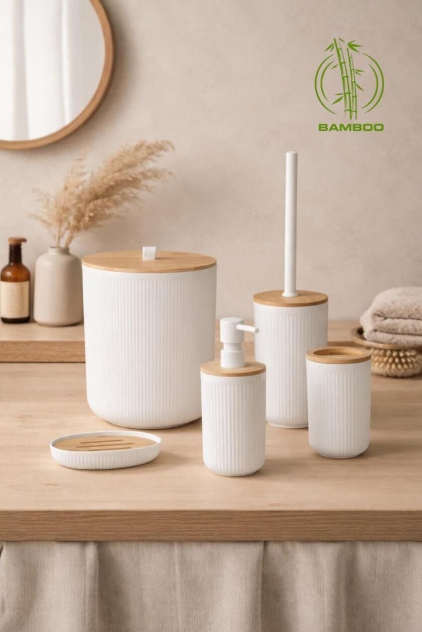 Okyanus Home Linea Bambu Detaylı Beyaz 5'li Banyo Seti