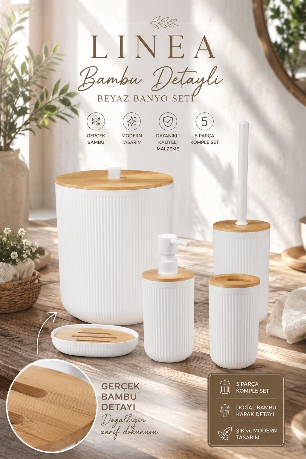 Okyanus Home Linea Bambu Detaylı Beyaz 5'li Banyo Seti