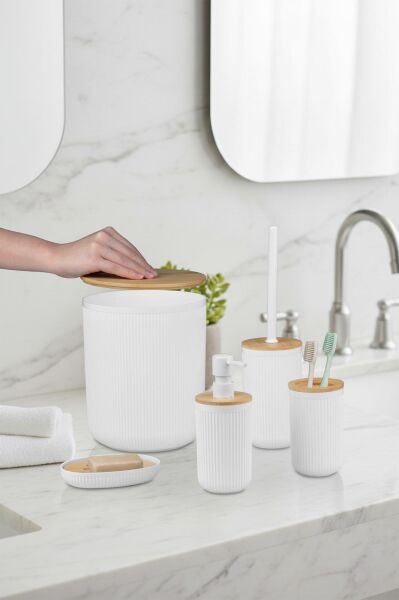 Okyanus Home Linea Bambu Detaylı Beyaz 5'li Banyo Seti