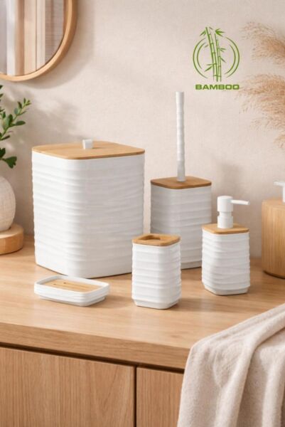 Okyanus Home Luna Beyaz Bambu Detaylı 7LT 5'li Banyo Seti