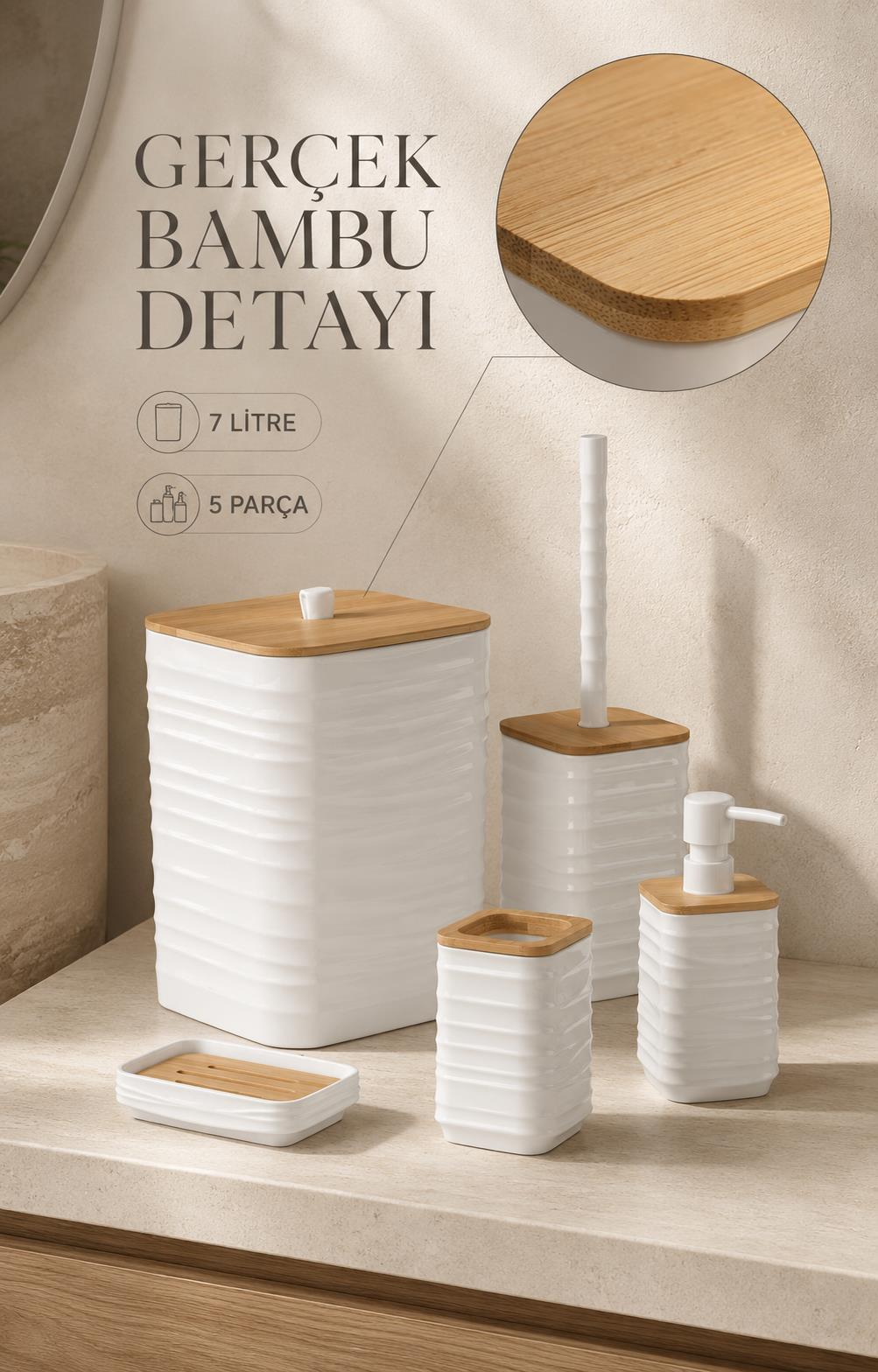 Okyanus Home Luna Beyaz Bambu Detaylı 7LT 5'li Banyo Seti