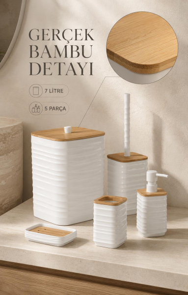 Okyanus Home Luna Beyaz Bambu Detaylı 7LT 5'li Banyo Seti
