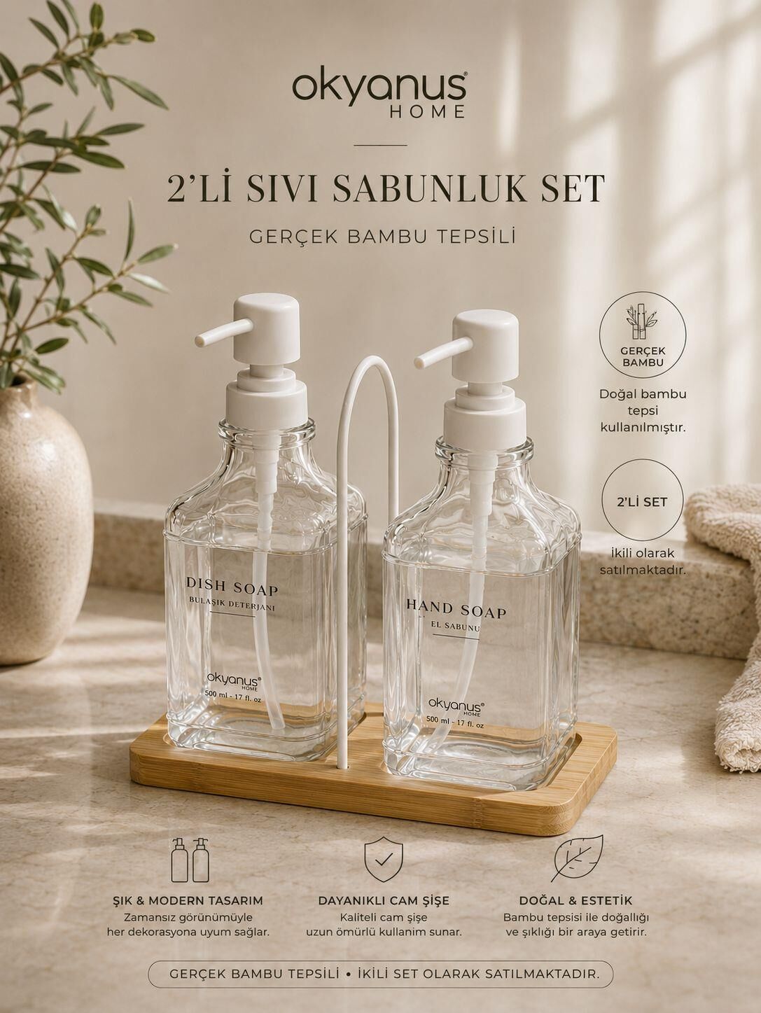 Okyanus Home Bambu Tepsili İkili Cam Sıvı Sabunluk ve Deterjanlık 500 Ml