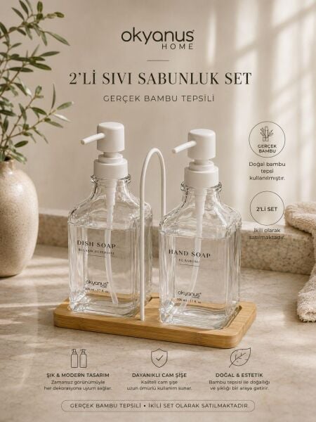 Okyanus Home Bambu Tepsili İkili Cam Sıvı Sabunluk ve Deterjanlık 500 Ml