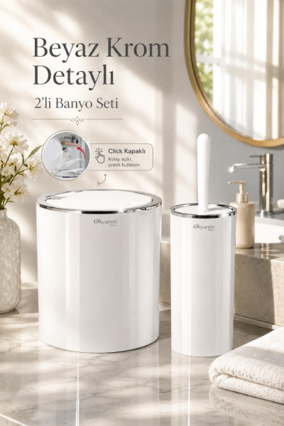 Okyanus Home Beyaz Kromlu Yuvarlak 2'li Wc Kova ve Fırça Seti