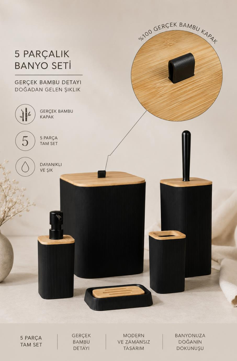 Okyanus Home Mina Siyah Bambu Kare 5'li Banyo Seti