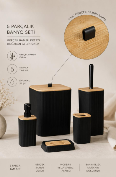 Okyanus Home Mina Siyah Bambu Kare 5'li Banyo Seti