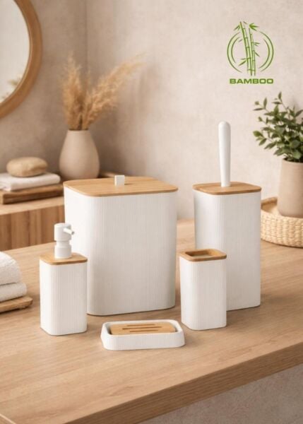Okyanus Home Mina Beyaz Bambu Kare 5'li Banyo Seti