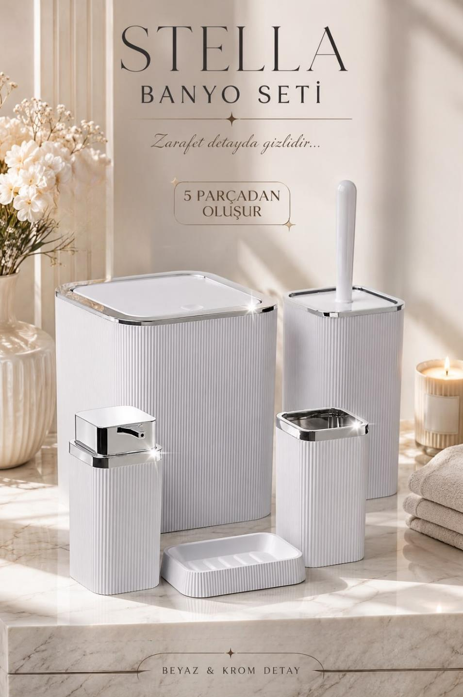 Okyanus Home Stella Beyaz Kromlu Çizgili Kare 5'li Banyo Seti