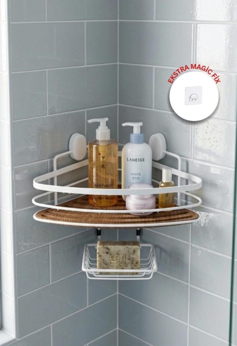 Okyanus Home Ahşap Detaylı Tek Katlı Beyaz Üçgen Şampuanlık & Sabunluk 21 cm