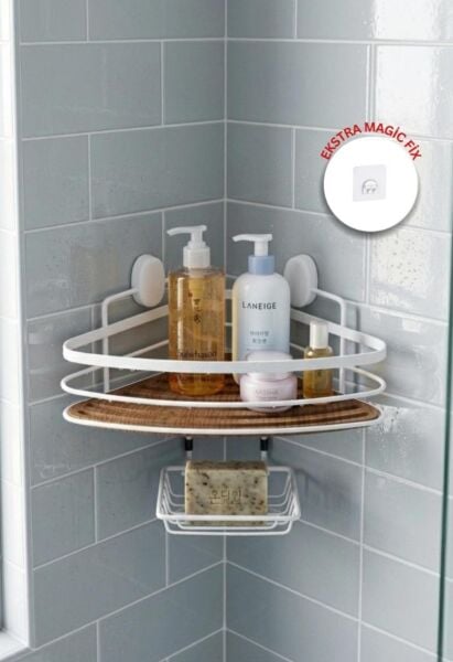 Okyanus Home Ahşap Detaylı Tek Katlı Beyaz Üçgen Şampuanlık & Sabunluk 21 cm