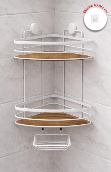 Okyanus Home İki Katlı Ahşap detaylı Üçgen Şampuanlık & Sabunluk 21 cm
