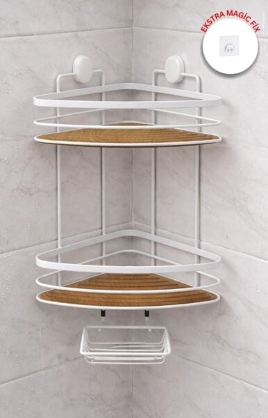 Okyanus Home İki Katlı Ahşap detaylı Üçgen Şampuanlık & Sabunluk 21 cm